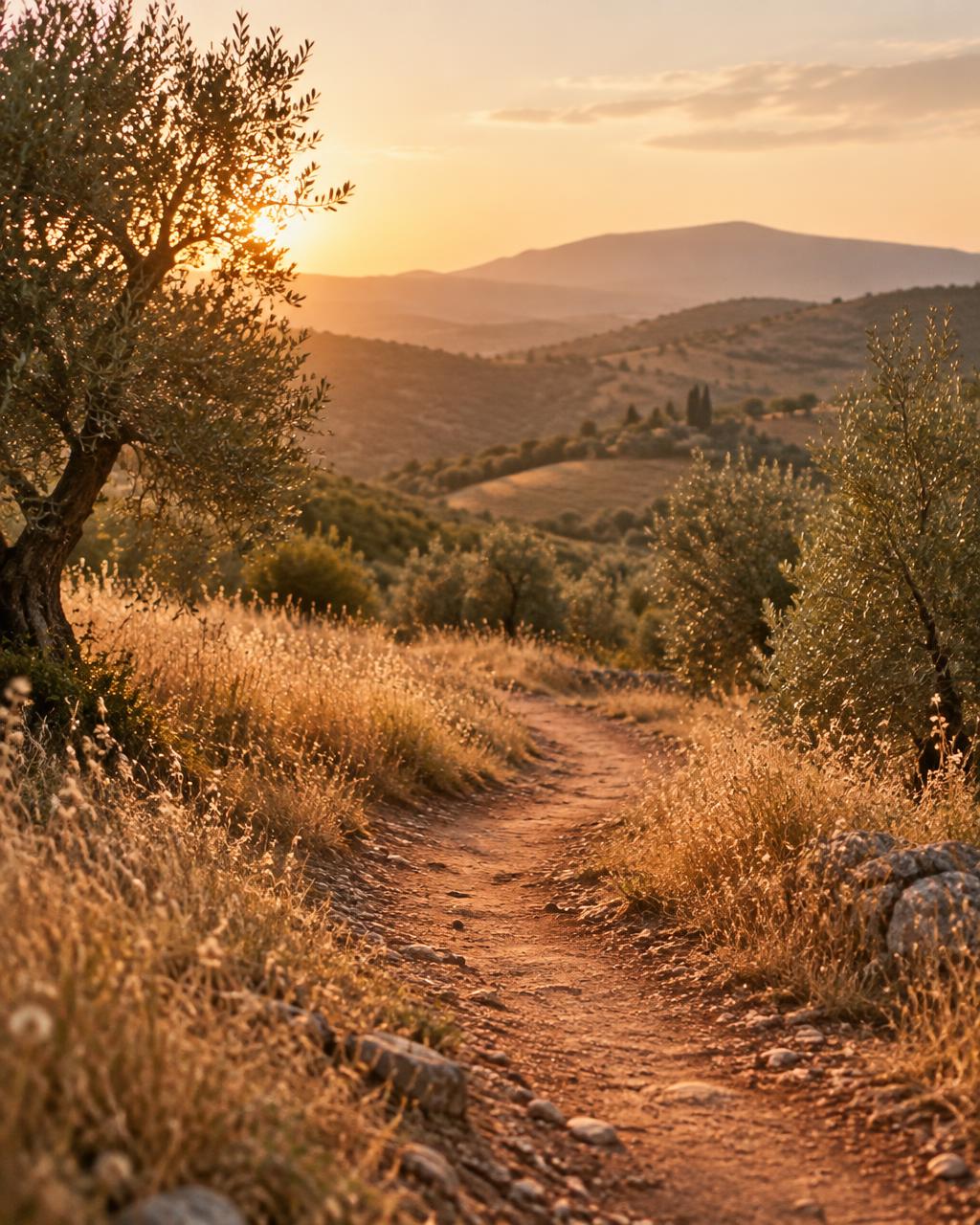 A sunlit footpath curving through golden grasses toward low hills