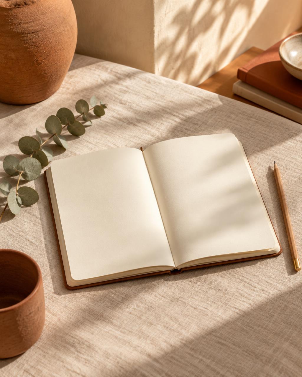An open journal and eucalyptus in soft sunlight